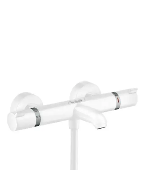Weißer Wandthermostat von Hansgrohe mit zwei Steuerungselementen zur Temperaturregelung und einem Wasserstrahlauslass.